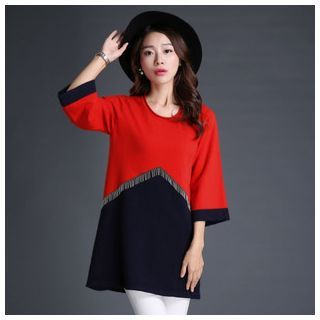 Mistee Fringed Two Tone 3/4-Sleeve Long Knit Top