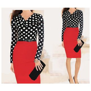 Forest Of Darama Polka Dot Mock Two Piece Dress with Belt