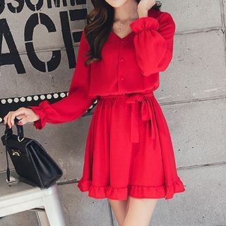 Queen Bee Frill Trim Long-Sleeve Dress with Sash