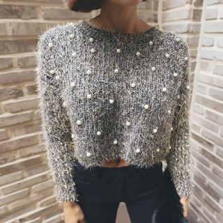 PPGIRL Faux-Pearl Cropped Knit Top