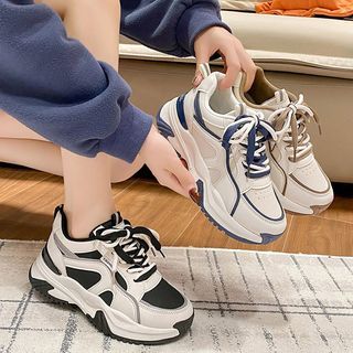 Color Panel Faux Leather Chunky Sneakers