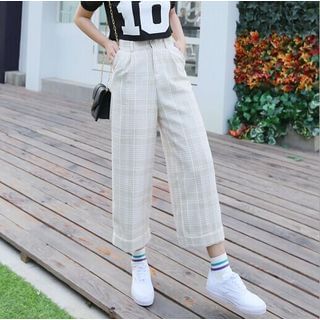 SUYISODA Plaid Linen-blend Cropped Wide-leg Pants