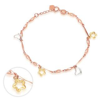 MaBelle 14K Italian Tri Color Yellow Rose White Gold Diamond-Cut Star Flower Charm Bracelet, Women Girl Jewelry in Gift Box