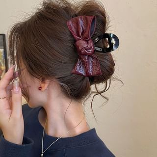 Faux Leather Bow Hair Claw Wine Red - One Size