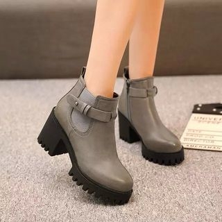 Cinde Shoes Buckled Chunky Heel Faux Leather Ankle Boots