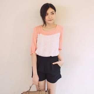 Tokyo Fashion Elbow-Sleeve Lace Panel Chiffon Top