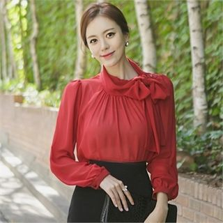 ode' Tie-Neck Shirred Chiffon Top