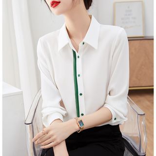 Long-Sleeve Contrast Trim Button-Up Shirt