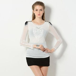 YesStyle Z Long-Sleeved Appliqué Rhinestone Top White - One Size