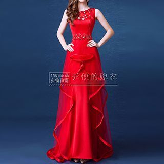 Angel Bridal Sleeveless Rhinestone Paneled Evening Gown