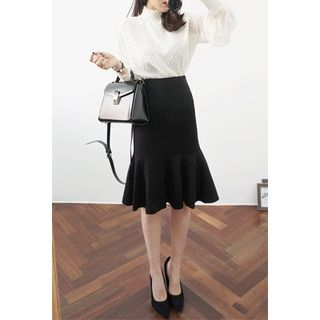 OZNARA Frill-Hem Wool Blend Midi Skirt