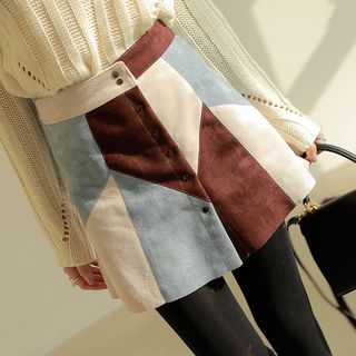 WITH IPUN Faux-Suede Color-Block Skirt