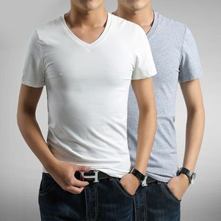 Chic Maison Short-Sleeve V-Neck Plain T-Shirt