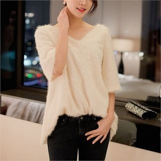 O.JANE V-Neck Furry-Knit Sweater