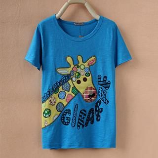 Cute Colors Short-Sleeve Giraffe Appliqué T-Shirt