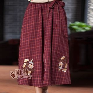 GU ZHI Tie-Waist Embroidered Gingham A-Line Skirt