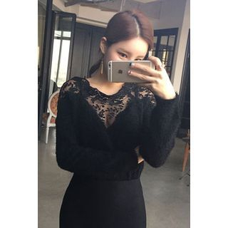migunstyle Lace-Panel Furry-Knit Top