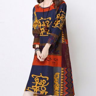 Sayumi Long-Sleeve Print Linen Dress