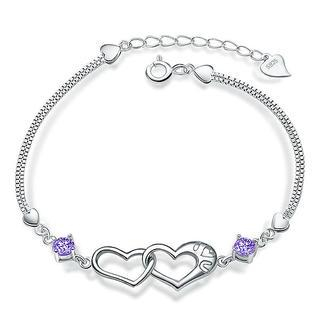 BELEC White Gold Plated 925 Sterling Silver with Purple Cublic Zirconia Heart-shaped Bracelet