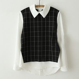 Meimei Long-Sleeve Plaid Collared Mock Two-piece Top