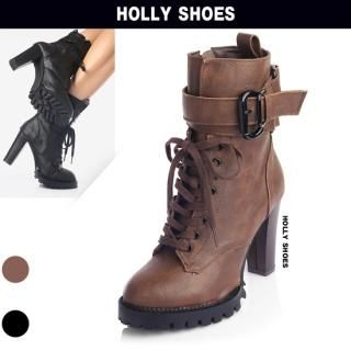 Ankle Buckle Detail Lace-Up Boots