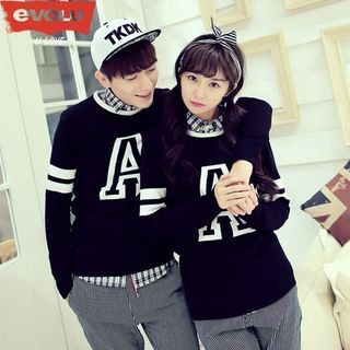 Evolu Couple Matching Letter Stripe Knit Top