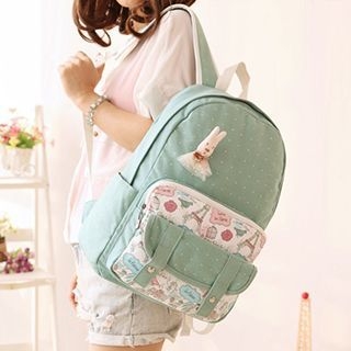Canvas Love Dotted Canvas Backpack with Rabbit Brooch