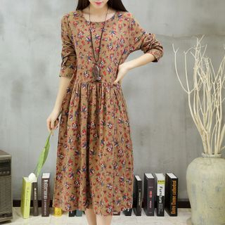 Diosa Long-Sleeve Floral Tie Waist Midi Dress