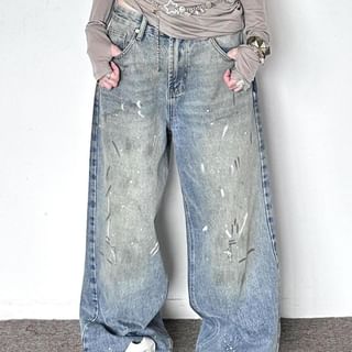 Low Waist Splash Print Washed Wide Leg Jeans