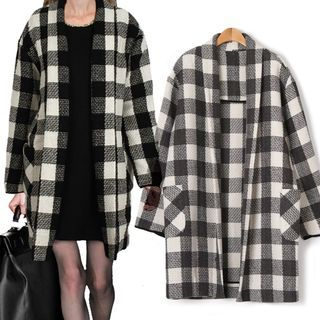 ifzen Shawl-Collar Dual-Pocket Check Cardigan