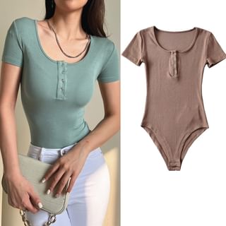 Short-Sleeve Half Buttoned Plain Bodysuit Top