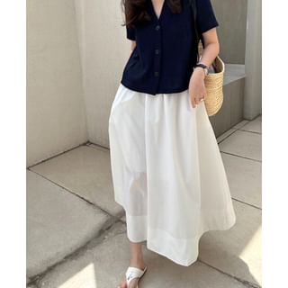 Elastic Waist Plain A-Line Midi Skirt