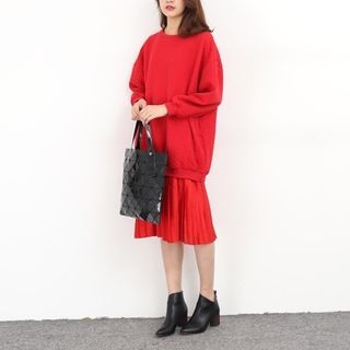 Little Grass Plain Loose-Fit Long-Sleeve Pleated Pullover Dress