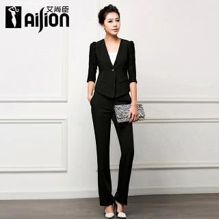 Aision SetL Ruching-Sleeve Blazer + Slim-Fit Pants