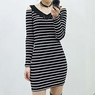 Jolly Club Long-Sleeve Cutout-Shoulder Stripe Sheath Dress