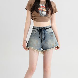 High Waist Washed Distressed Denim Shorts