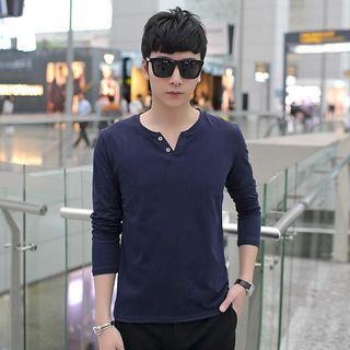 LC Homme Long-Sleeve Notched-Neck Plain T-Shirt