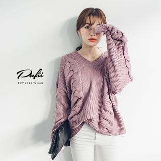PUFII V-Neck Cable Knit Top