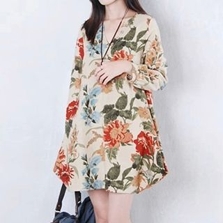 Supernova Flower Print Long-Sleeve V-Neck Dress