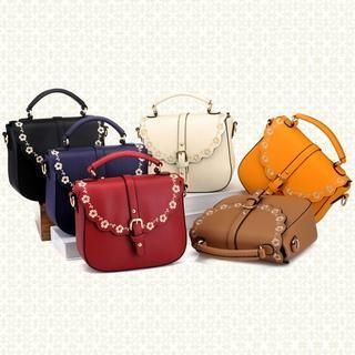 BeiBaoBao Faux-Leather Buckled Flower-Embroidered Satchel