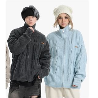 Couple Matching Stand Collar Plain Applique Cable-Knit Zip Cardigan