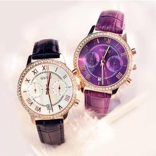 Nanazi Jewelry Rhinestone Genuine Leather Strap Watch