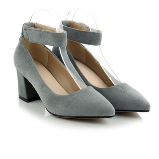 JY Shoes Pointy Ankle Strap Block Heel Pumps