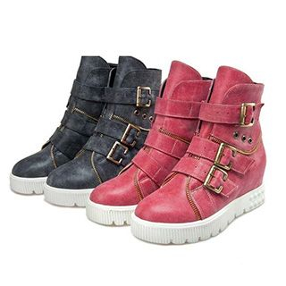 Gizmal Boots Faux Leather Buckled Hidden Wedge High-top Sneakers