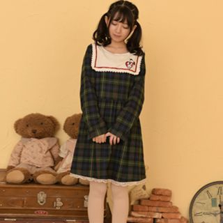 Moriville Embroidered Collar Long-Sleeve Plaid Dress