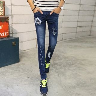 Bay Go Mall Print Distressed Slim-Fit Jeans