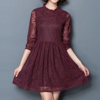 Beekee Stand-collar Fleece-lined Lace Dress