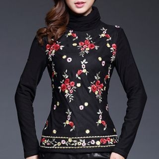 Beekee Fleece-lined Embroidered Flower Lace Top