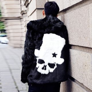Bay Go Mall Faux Fur Skull Printed Coat