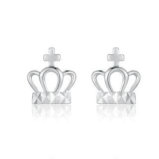 MaBelle 14K White Gold Diamond Cut Crown and Cross Stud Earrings, Fashion Jewelry for Women Girls